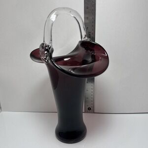 Vintage Purple and Clear‎ Handblown Glass Basket Vase 12 Inches